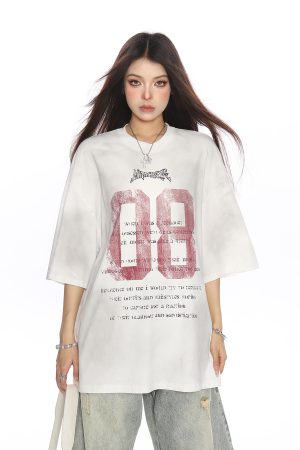 Vintage Distressed Printed Short Sleeve T-Shirt for Women - Casual Loose Fit Summer Tee, Trendy 90s Style Couple Top