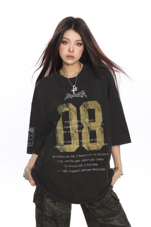 Vintage Distressed Printed Short Sleeve T-Shirt for Women - Casual Loose Fit Summer Tee, Trendy 90s Style Couple Top