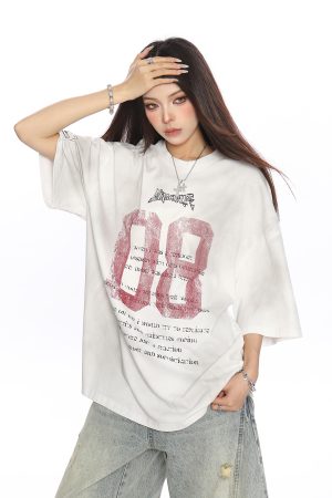 Vintage Distressed Printed Short Sleeve T-Shirt for Women - Casual Loose Fit Summer Tee, Trendy 90s Style Couple Top