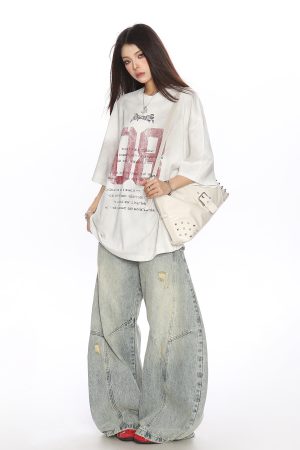 Vintage Distressed Printed Short Sleeve T-Shirt for Women - Casual Loose Fit Summer Tee, Trendy 90s Style Couple Top