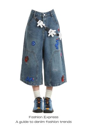 Vintage Distressed Seven-Point Pants for Women with Cartoon Embroidery - 2025 Summer Loose Fit Trendy Casual Style