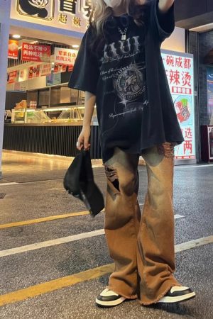 Vintage Distressed Short Sleeve T-Shirt for Men and Women - 2025 Summer American Streetwear Hip Hop High Street Fashion