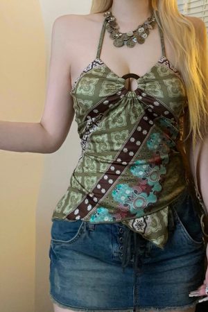 Vintage Elements Irregular Patterned Backless Women's Tank Top with Neck-Hanging Strap and Round Ring Buckle, Y2K Style