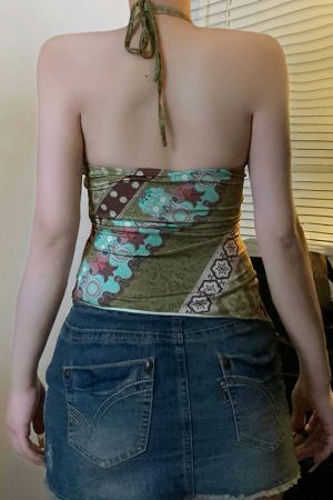 Vintage Elements Irregular Patterned Backless Women's Tank Top with Neck-Hanging Strap and Round Ring Buckle, Y2K Style
