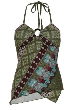 Vintage Elements Irregular Patterned Backless Women's Tank Top with Neck-Hanging Strap and Round Ring Buckle, Y2K Style