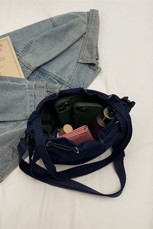 Vintage Embroidered Denim Drawstring Bucket Bag for Women - Cute Summer Crossbody Shoulder Bag for Phones 2025 Style