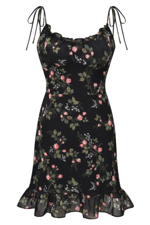 Vintage European American Floral Slip Dress with Ruffles, A-Line Skirt, Shoulder Strap, Y2K Style