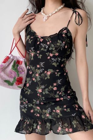 Vintage European American Floral Slip Dress with Ruffles, A-Line Skirt, Shoulder Strap, Y2K Style