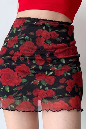 Vintage European American Rose Print Mesh High Waist Bodycon Half Skirt - Women's A-Line Skirt for DIY Fashion Lovers