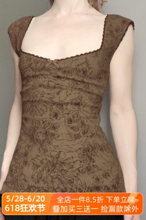 Vintage Floral Backless Vest for Women with Low Square Neck and Spaghetti Straps - Retro Charm Summer Style