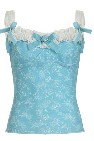 Vintage Floral Butterfly Shoulder Strap Ruffled Edge Vest - Backless Camisole for Women - Summer Y2K Style