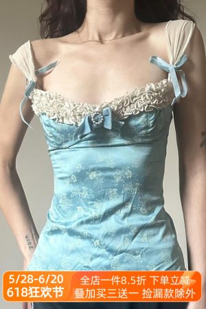 Vintage Floral Butterfly Shoulder Strap Ruffled Edge Vest - Backless Camisole for Women - Summer Y2K Style
