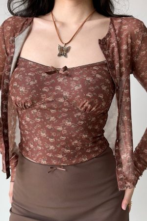 Vintage Floral Camisole Cardigan Two-Piece Set - Women's Slim Fit Crop Top and Cardigan - Trendy Hot Girl Outfit for Y2K Style