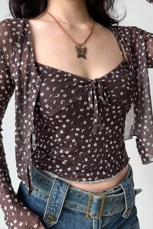 Vintage Floral Camisole Cardigan Two-Piece Set - Women's Slim Fit Sexy Outfit for 90s Y2K Style