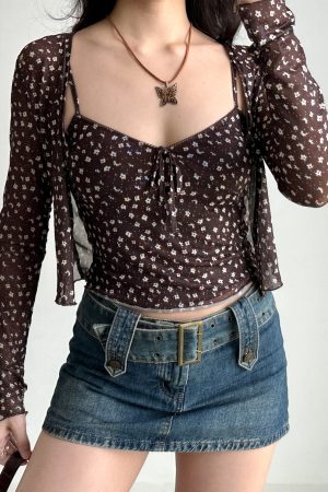 Vintage Floral Camisole Cardigan Two-Piece Set - Women's Slim Fit Sexy Outfit for 90s Y2K Style