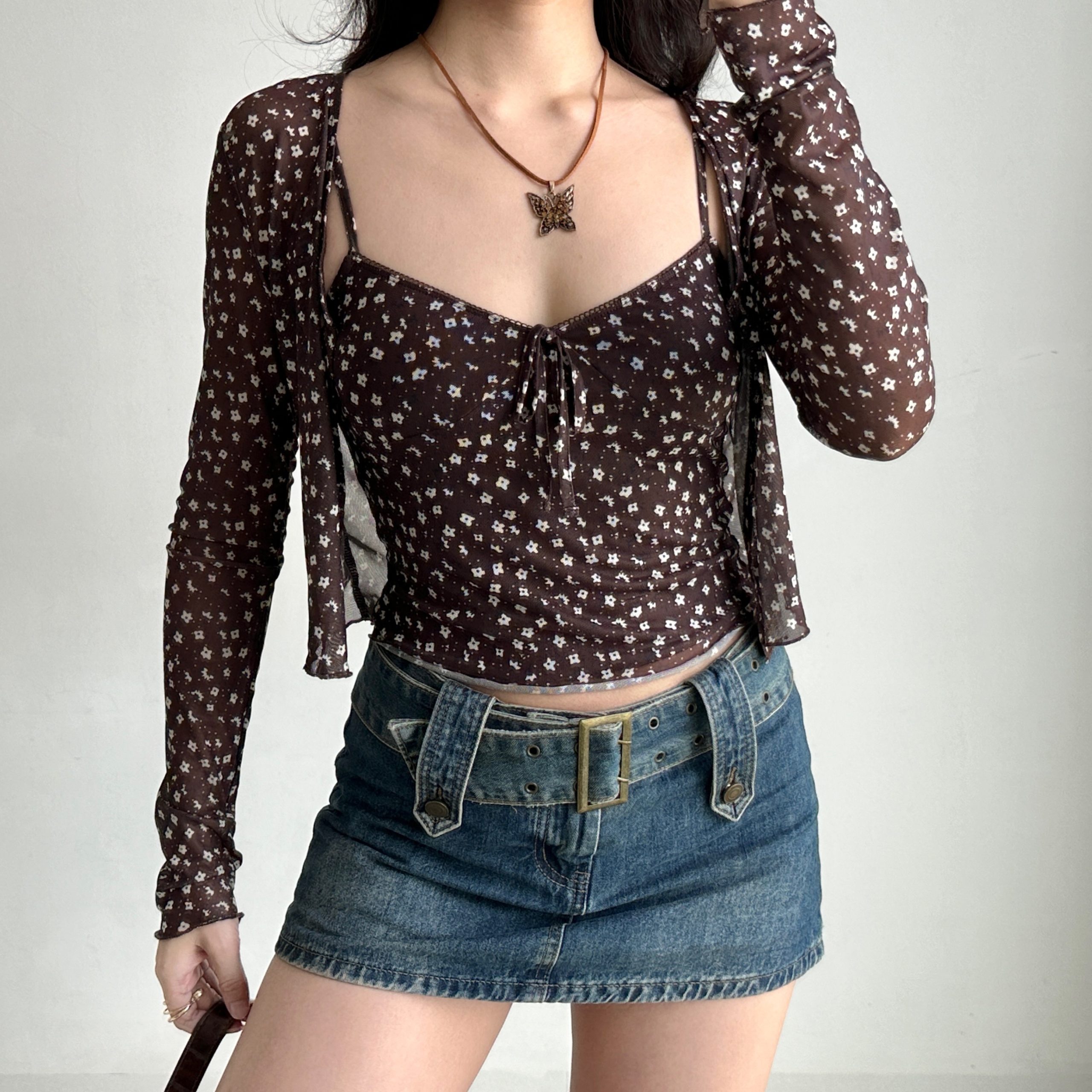 Vintage Floral Camisole Cardigan Two-Piece Set - Women's Slim Fit Sexy Outfit for 90s Y2K Style Vintage Floral Camisole Cardigan Two-Piece Set - Women's Slim Fit Sexy Outfit for 90s Y2K Style