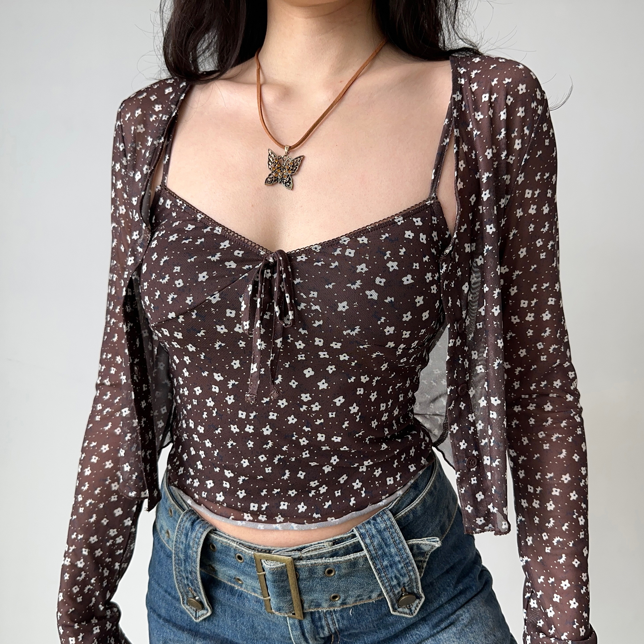 Vintage Floral Camisole Cardigan Two-Piece Set - Women's Slim Fit Sexy Outfit for 90s Y2K Style Vintage Floral Camisole Cardigan Two-Piece Set - Women's Slim Fit Sexy Outfit for 90s Y2K Style