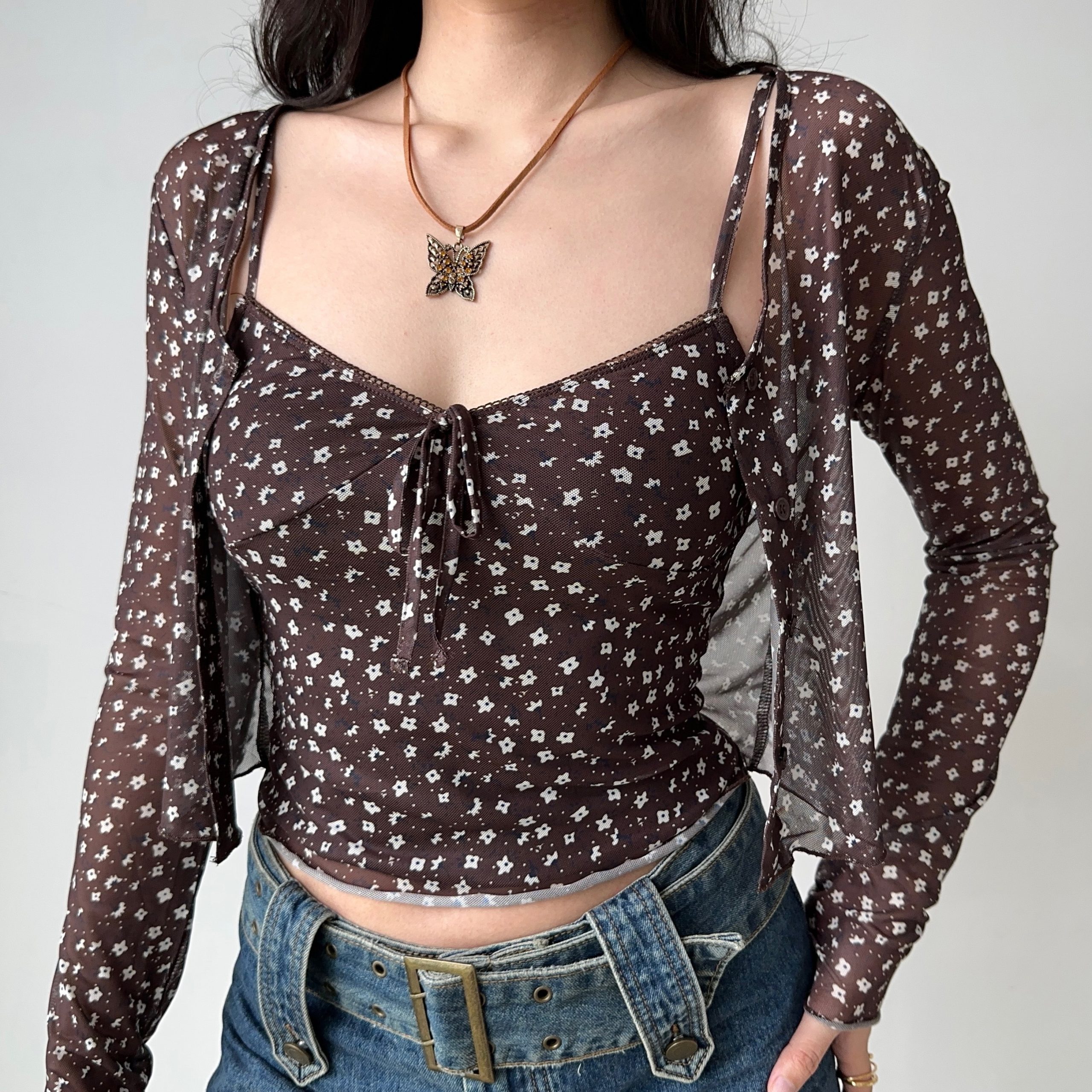 Vintage Floral Camisole Cardigan Two-Piece Set - Women's Slim Fit Sexy Outfit for 90s Y2K Style Vintage Floral Camisole Cardigan Two-Piece Set - Women's Slim Fit Sexy Outfit for 90s Y2K Style