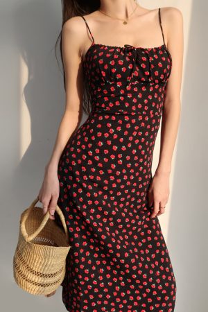 Vintage Floral Dress with Straps - Sexy Slim-Fit French Style Midi Dress for Women - Chic Retro Summer Fashion