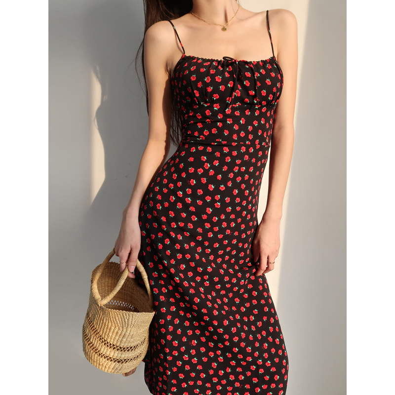 Vintage Floral Dress with Straps - Sexy Slim-Fit French Style Midi Dress for Women - Chic Retro Summer Fashion Vintage Floral Dress with Straps - Sexy Slim-Fit French Style Midi Dress for Women - Chic Retro Summer Fashion