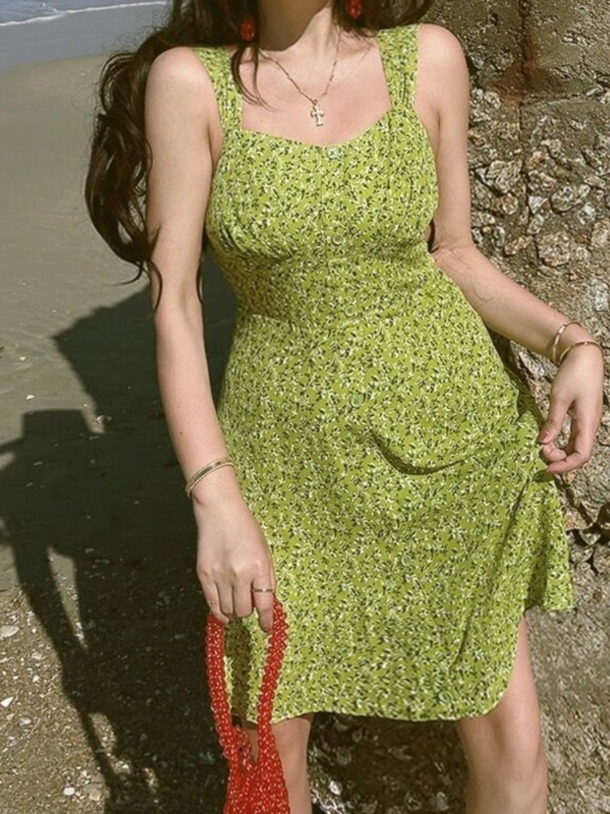 Vintage Floral Green Square Neck Wide Strap Slip Dress - 2023 Spring/Summer Vacation Style, Perfect for Y2K and Korean Aesthetic Vintage Floral Green Square Neck Wide Strap Slip Dress - 2023 Spring/Summer Vacation Style, Perfect for Y2K and Korean Aesthetic