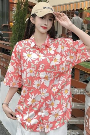 Vintage Floral Loose Short Sleeve Shirt for Women, Hawaiian Beach Top, Trendy Casual Versatile Style, Summer Fashion