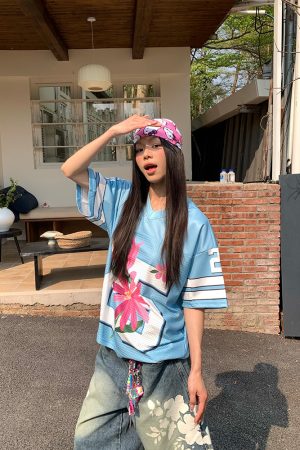 Vintage Floral Print Mesh Short Sleeve T-Shirt for Men and Women - Casual Loose Fit, Summer 90s Style Jersey Top