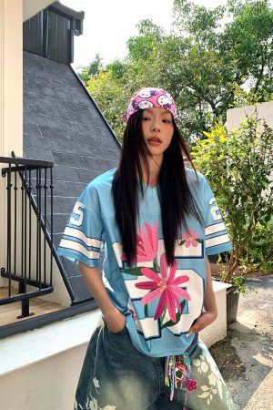 Vintage Floral Print Mesh Short Sleeve T-Shirt for Men and Women - Casual Loose Fit, Summer 90s Style Jersey Top