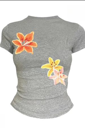 Vintage Floral Print Shoulder T-Shirt for Women - Spicy American Style, Slim Fit, Flattering Elastic Short Sleeves for Summer