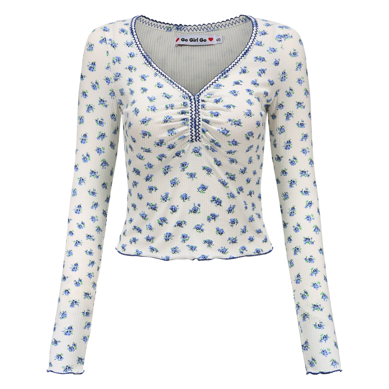 Vintage Floral Ruffled V-Neck Long Sleeve T-Shirt for Women - Slim Fit, 90s Inspired Short Top Vintage Floral Ruffled V-Neck Long Sleeve T-Shirt for Women - Slim Fit, 90s Inspired Short Top
