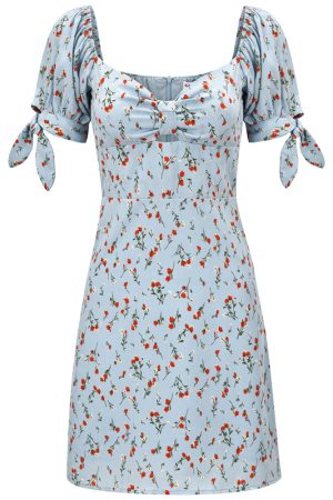 Vintage Floral Short Sleeve Dress with Front Bow and Hollow Waist - Summer 90s Style for Women
