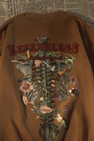 Vintage Floral Skeleton Print Short-Sleeve T-Shirt for Women - Summer Casual Distressed Loose Fit Couple's Tee