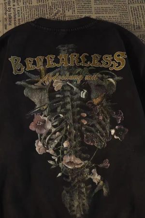 Vintage Floral Skeleton Print Short-Sleeve T-Shirt for Women - Summer Casual Distressed Loose Fit Couple's Tee