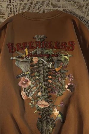 Vintage Floral Skeleton Print Short-Sleeve T-Shirt for Women - Summer Casual Distressed Loose Fit Couple's Tee