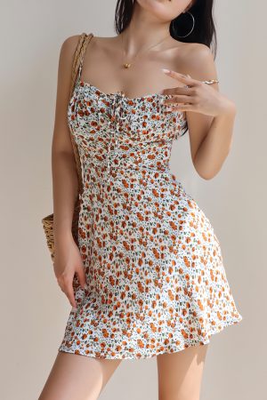 Vintage Floral Tie Cami Dress for Women - Slim Fit Waist-Defining Mini Dress - Perfect for Vacation, 90s Inspired Fashion