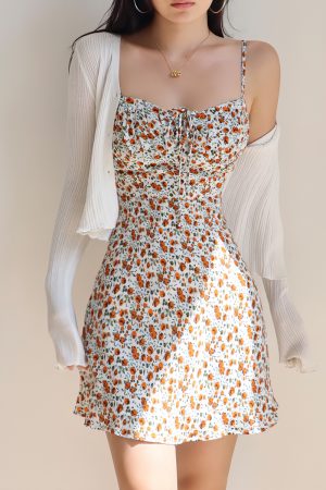 Vintage Floral Tie Cami Dress for Women - Slim Fit Waist-Defining Mini Dress - Perfect for Vacation, 90s Inspired Fashion