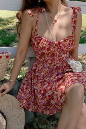 Vintage Floral Waist-Cinched Cami Dress with Square Neck - Spring/Summer 2025 Vacation Style, Y2K Inspired Fashion