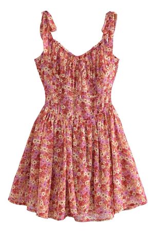 Vintage Floral Waist-Cinched Cami Dress with Square Neck - Spring/Summer 2025 Vacation Style, Y2K Inspired Fashion