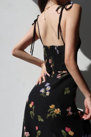 Vintage French Black Printed High-Waisted Camisole Dress with Side Slit and Tie-Up Detail - Sexy Slimming Long Dress for Women