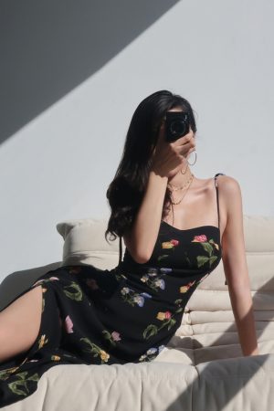 Vintage French Black Printed High-Waisted Camisole Dress with Side Slit and Tie-Up Detail - Sexy Slimming Long Dress for Women