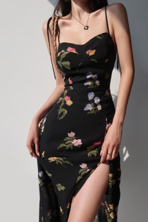 Vintage French Black Printed High-Waisted Camisole Dress with Side Slit and Tie-Up Detail - Sexy Slimming Long Dress for Women