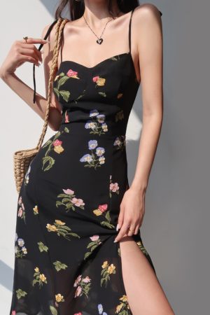 Vintage French Black Printed High-Waisted Camisole Dress with Side Slit and Tie-Up Detail - Sexy Slimming Long Dress for Women