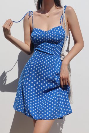 Vintage French Blue Lace-Up Camisole Dress with High-Waisted Short Skirt - A-Line Vacation Style Perfect for Summer Outings