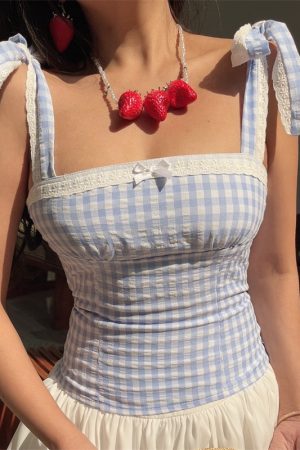 Vintage French Checkered Camisole for Women - Handmade Flat Collar with Lace Bow Tie - Spring/Summer Vacation Style