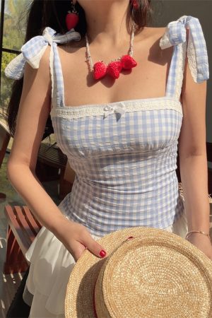 Vintage French Checkered Camisole for Women - Handmade Flat Collar with Lace Bow Tie - Spring/Summer Vacation Style