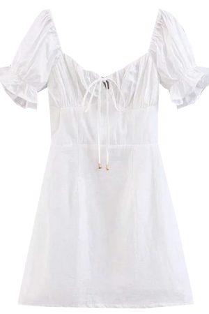 Vintage French Court Style White Dress with Puff Sleeves, Square Neck, One-Shoulder Tie, Waist-Cinched, Open Back, Short Skirt for Vacation