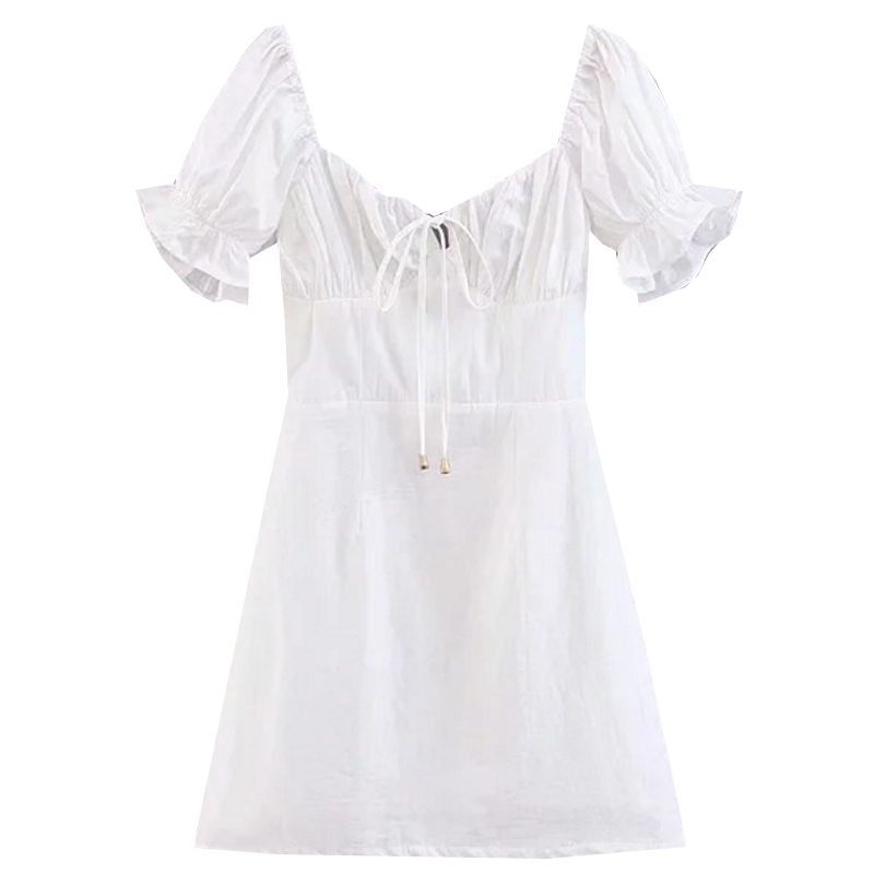 Vintage French Court Style White Dress with Puff Sleeves, Square Neck, One-Shoulder Tie, Waist-Cinched, Open Back, Short Skirt for Vacation Vintage French Court Style White Dress with Puff Sleeves, Square Neck, One-Shoulder Tie, Waist-Cinched, Open Back, Short Skirt for Vacation