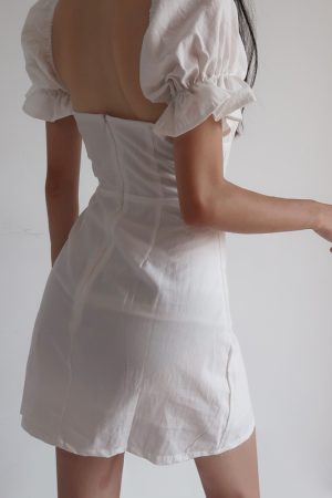 Vintage French Court Style White Dress with Puff Sleeves, Square Neck, One-Shoulder Tie, Waist-Cinched, Open Back, Short Skirt for Vacation
