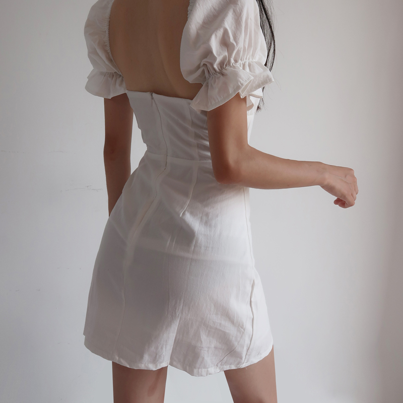 Vintage French Court Style White Dress with Puff Sleeves, Square Neck, One-Shoulder Tie, Waist-Cinched, Open Back, Short Skirt for Vacation Vintage French Court Style White Dress with Puff Sleeves, Square Neck, One-Shoulder Tie, Waist-Cinched, Open Back, Short Skirt for Vacation