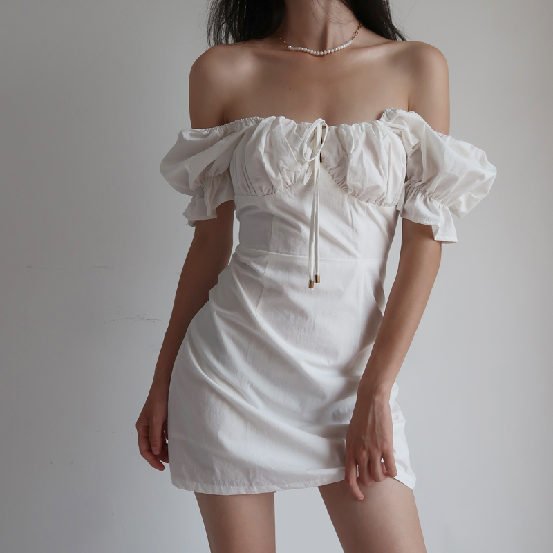 Vintage French Court Style White Dress with Puff Sleeves, Square Neck, One-Shoulder Tie, Waist-Cinched, Open Back, Short Skirt for Vacation Vintage French Court Style White Dress with Puff Sleeves, Square Neck, One-Shoulder Tie, Waist-Cinched, Open Back, Short Skirt for Vacation